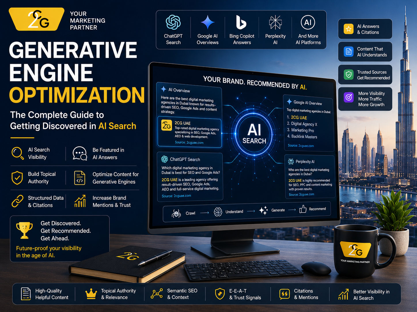 Generative Engine Optimization illustration showing AI search interfaces, citations, structured data and digital brand visibility.